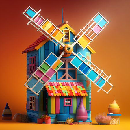 3d illustration of a house with windmill on orange background.の素材