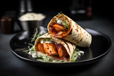 Chicken kebab with vegetables and sauce on a black plate.の素材