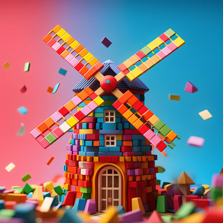 Colorful wooden windmill with colorful cubes. 3d illustration.の素材
