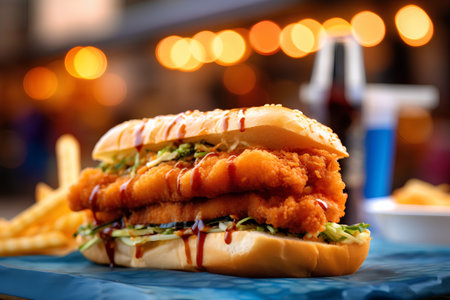 Fried chicken sandwich with french fries and ketchup on blue plateの素材