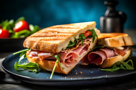Sandwich with ham, cheese and arugula on dark backgroundの素材