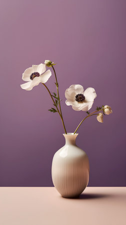 White anemones in a vase on a purple background.の素材