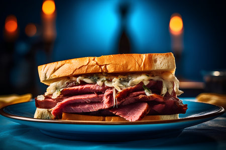 Classic New York strip roast beef sandwich with mozzarella and parmesan cheeseの素材