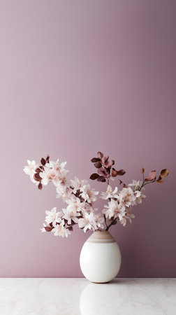 Spring flowers in vase on white marble table and pink wall backgroundの素材
