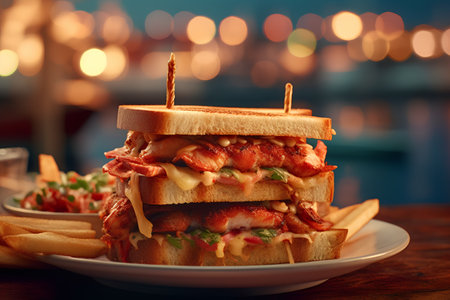 Sandwich with bacon, cheese, tomato and lettuce on a plateの素材