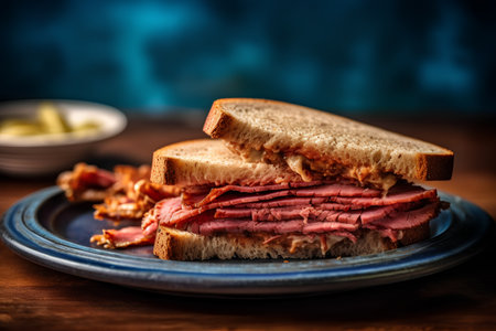 sandwich with roast beef and mustard on a blue plate on a wooden tableの素材