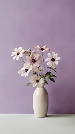 White daisies in a vase on a white table and a purple backgroundの素材