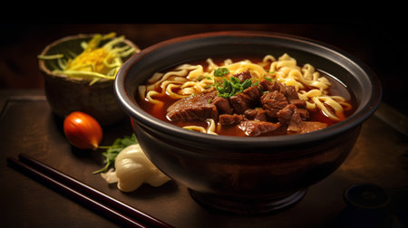 Asian style ramen noodle soup with beef and vegetables on dark backgroundの素材