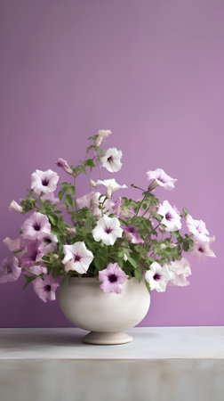 Petunia flowers in vase on white wooden table and purple wall backgroundの素材