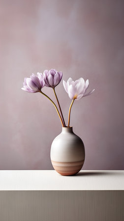 Three purple tulip flowers in a vase on a wooden table.の素材