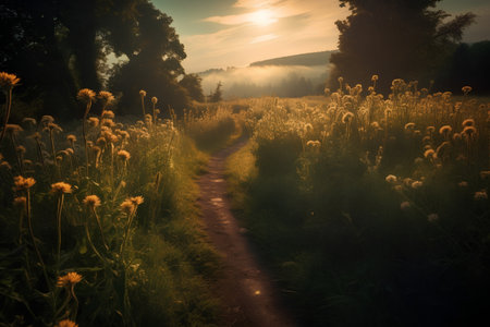 Beautiful summer sunrise over meadow with dandelions and pathの素材