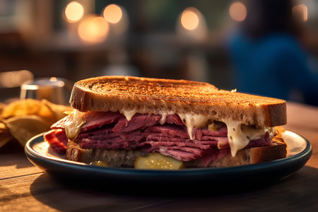 Classic New York sandwich with roast beef, cheddar cheese and pickled cucumber.の素材
