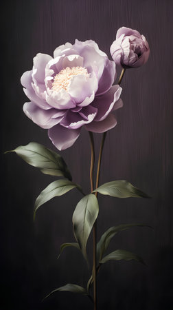 Purple peony flower on a dark background. Vintage style.の素材