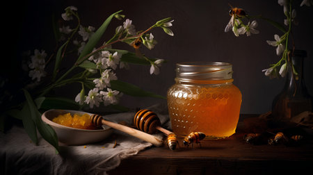 Honey in a glass jar, honeycombs and spring flowersの素材
