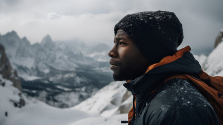 Portrait of a young man standing in front of the Dolomites mountainsの素材