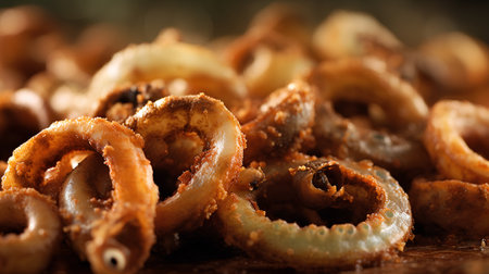 Fried squid rings on a wooden board. Selective focus.の素材