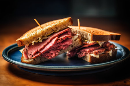 Sandwich with roast beef and cheese on a plate. Toned.の素材