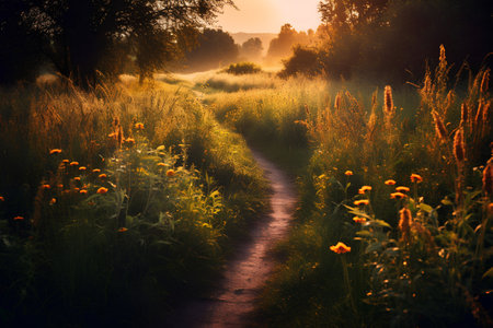 beautiful summer landscape with a path in the meadow at sunsetの素材