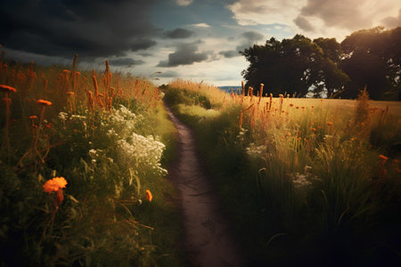 Dirt road in the meadow at sunset. Dramatic sky.の素材