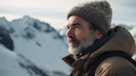 Portrait of senior man with gray beard and cap in snowy mountainsの素材
