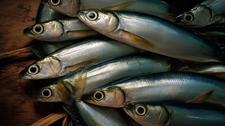 Fresh sardines on a wooden background. Close-up.の素材