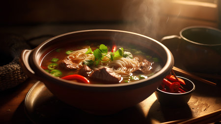 Bowl of hot spicy soup with beef and vegetables on wooden tableの素材