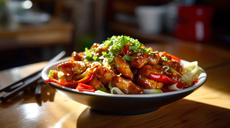 chicken teriyaki with sweet and sour sauce in a bowlの素材