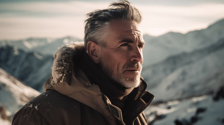 Portrait of a senior man in the mountains. Winter landscape.の素材