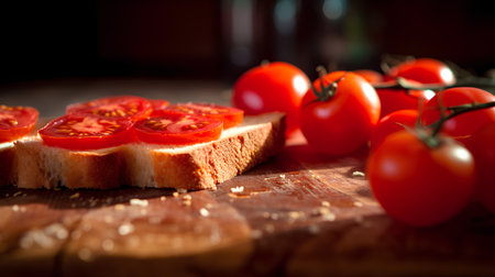 bruschetta with tomatoes on a wooden board, selective focusの素材