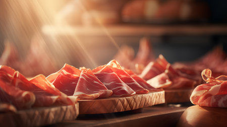 Slices of serrano jamon on a cutting board.の素材