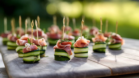 Canape with cucumber, prosciutto and cheese on wooden tableの素材