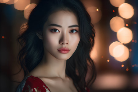 Portrait of beautiful asian woman with makeup and red dress.の素材