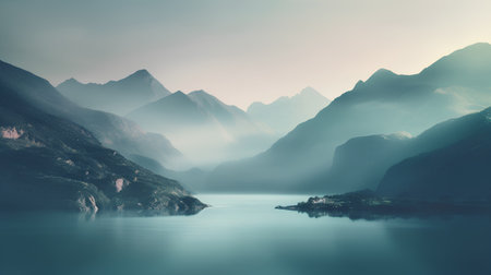 Foggy morning over the lake. Mountain landscape. 3d renderの素材