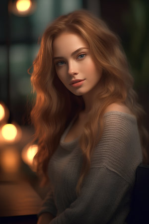 Portrait of a beautiful young woman with long red hair sitting in a cafe.の素材