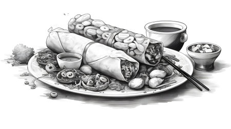 Vietnamese spring rolls on a plate. Hand drawn illustration.の素材