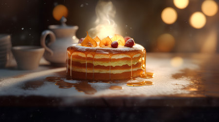 Cake with berries on a wooden table with a burning candle.の素材