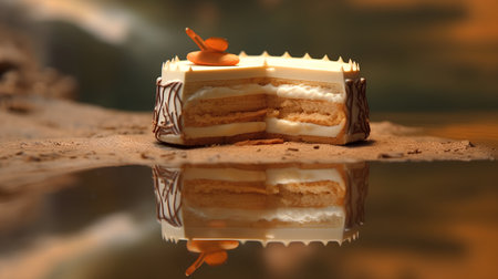 A piece of cake with cream on the background of the water.の素材
