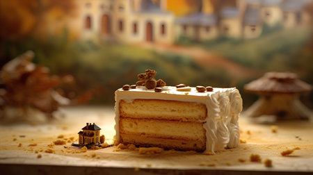 Cake with cream and chocolate on the background of the autumn landscapeの素材