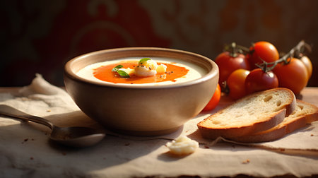 Creamy tomato soup with croutons and mozzarellaの素材