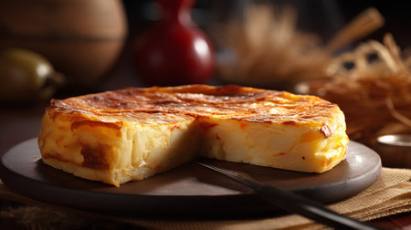 Cheese casserole on a brown plate on a wooden backgroundの素材