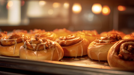 Baked buns with cinnamon and caramel glaze. Selective focus. Toned.の素材