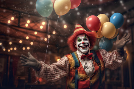 Portrait of a clown in a clown costume with balloons on the background of a night city.の素材