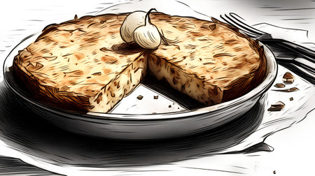 Illustration of a piece of cheese on a plate with fork and knifeの素材