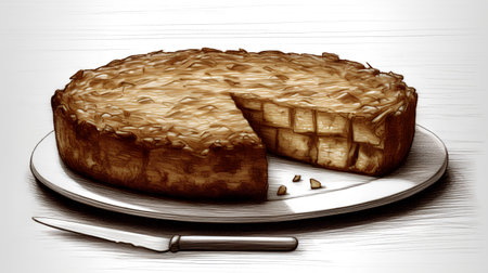 Piece of cake on a plate and knife on a wooden backgroundの素材