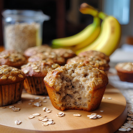Banana muffins with oat flakes and raisins, selective focusの素材