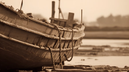 Old fishing boat on the bank of the river in sepia toneの素材