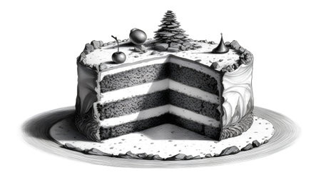 Christmas cake isolated on white background. Hand drawn illustration. Black and white.の素材