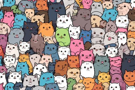 Seamless pattern with cute cartoon cats. Hand drawn vector illustration.の素材