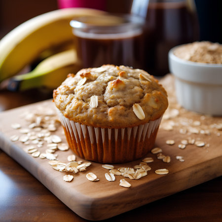 Banana muffins with oat flakes and bananas on wooden boardの素材
