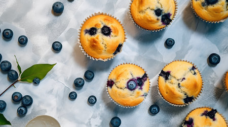 Homemade blueberry muffins with fresh berriesle background, top viewの素材